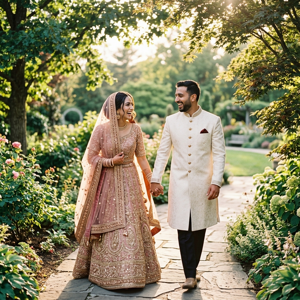 Couple walking in garden